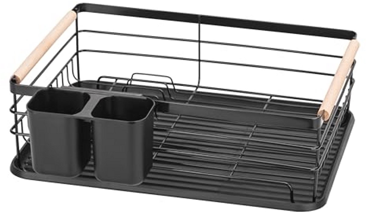 Compact zwart afdruiprek voor servies met dienblad en bestekhouder – 43 x 30,5 x 14 cm