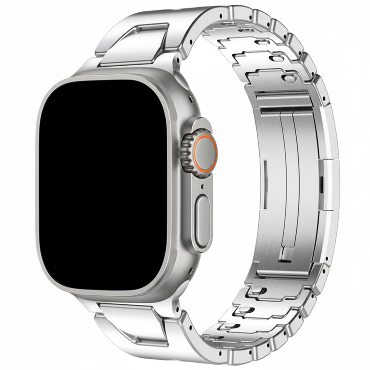 Stalen bandje - geschikt voor Apple Watch series 1/2/3/4/5/6/7/8/9/10/11/ SE (1,2,3) / Ultra (1,2,3) met maat 44 mm / 45 mm / 46 mm / 49 mm - schakelband met vlindersluiting - zilver
