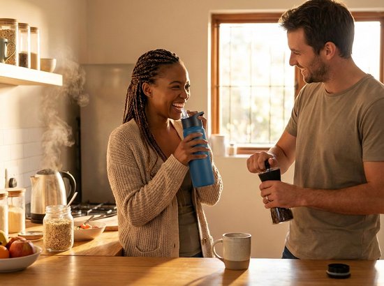 Vrouw en man lachen samen in de keuken, vrouw met blauwe drinkfles met rietje.