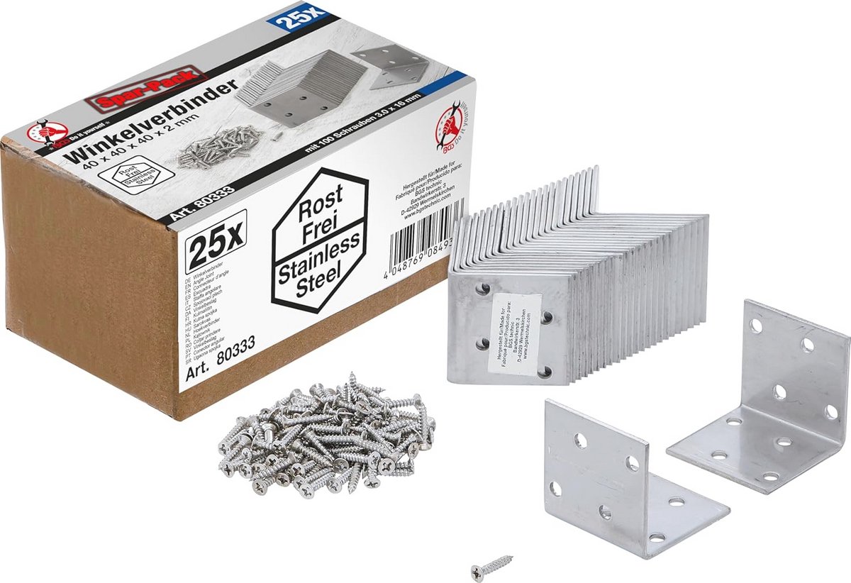Hoekverbinder Roestvrij Staal 40 x 40 mm - Voordeelverpakking van 25 Stuks