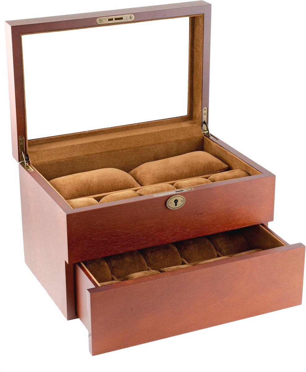 Vintage Houten Horloge Box met Glazen Deksel - 20+ Horloges Opslag met Verstelbare Kussens