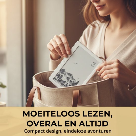 Vrouw plaatst een compacte Veloura e-reader met berglandschap in haar tas. Moeiteloos lezen, overal en altijd.