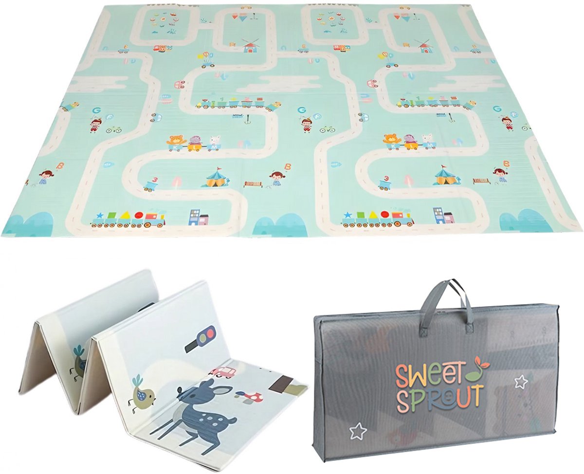 Speelmat – Speelkleed - Babygym Kinderen – Zachte Kruipmat met autowegen en dieren – Boxkleed - Speelmat foam - Baby - Opvouwbaar - 150x200 cm - Babyshower - Inclusief opbergtas