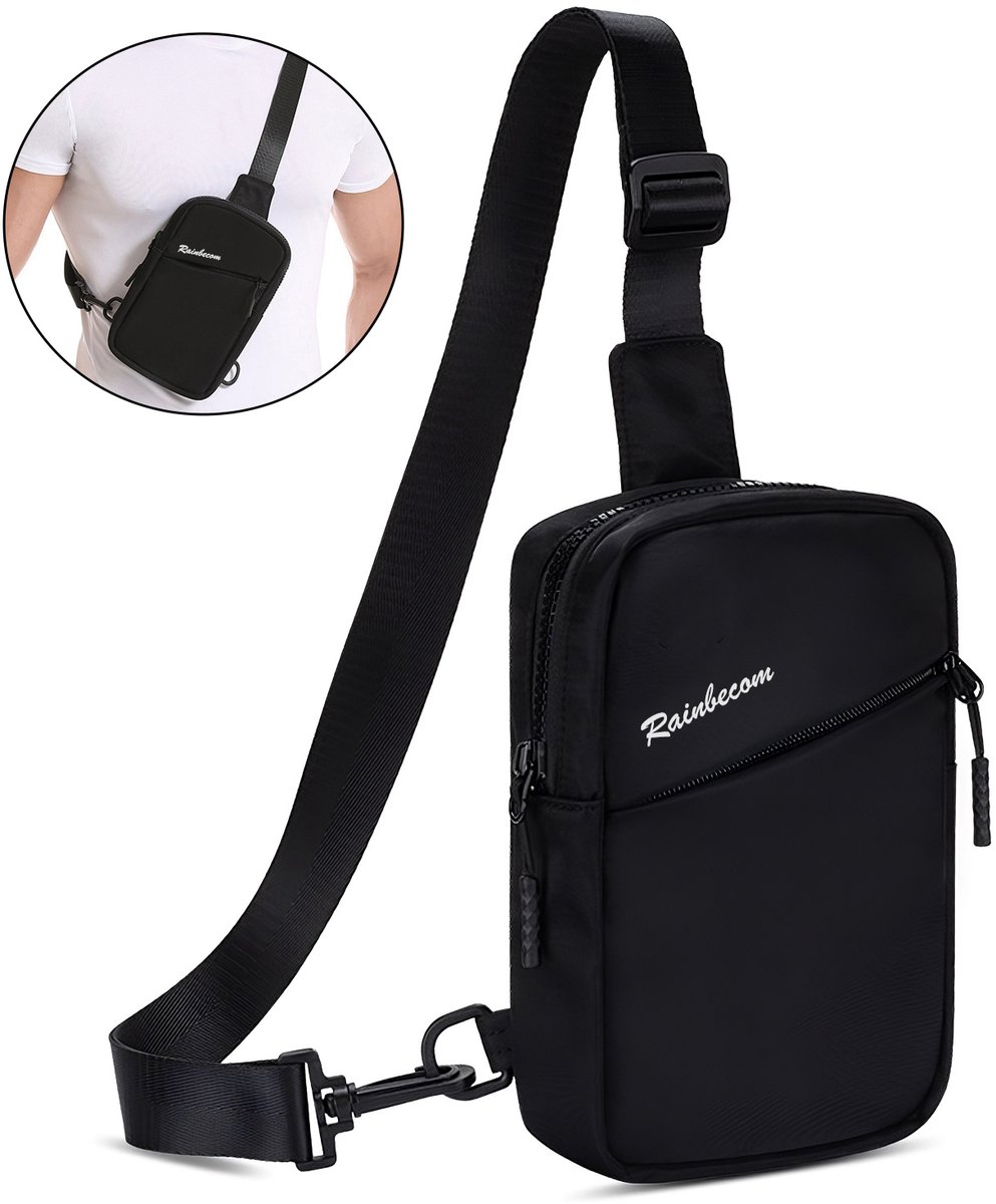 Rainbecom Chestbag Schoudertas - Stijlvolle Compacte Borsttas - Kleine Handtas - Crossbody Slingbag - Waterafstotend & Ademend - 15x22x4 cm - Nylon & Polyester - Verstelbare Riem - Lichtgewicht 160g - Zwart