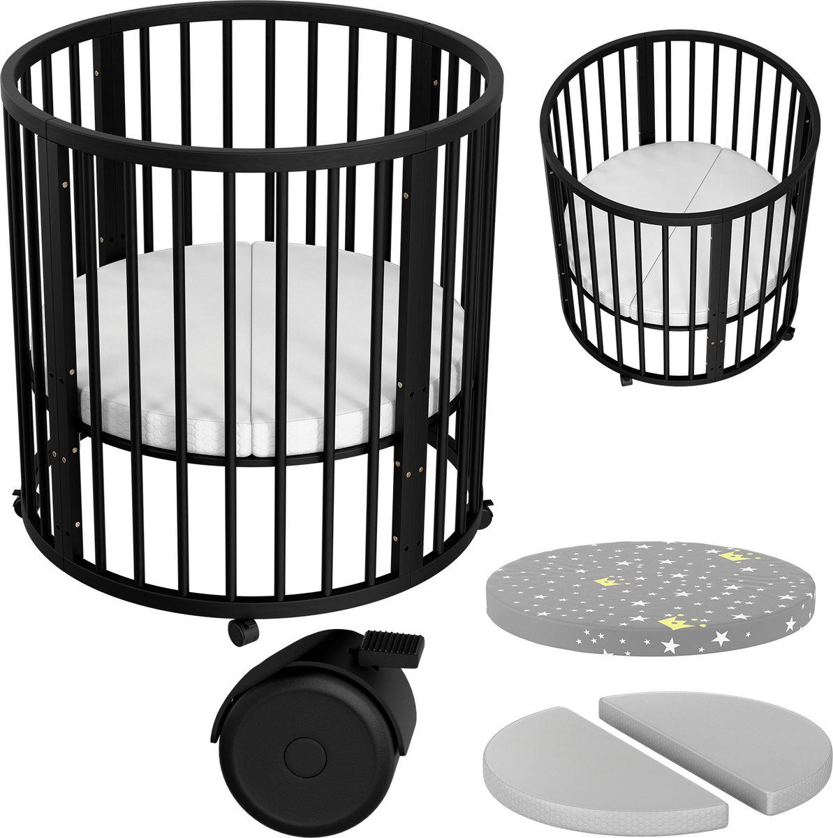 Flowsense Baby Box – Ronde Speelbox - Grondbox - Kinderbox - Playpen – Met Matras – Verstelbare Hoogtes – Wielen - Zwart