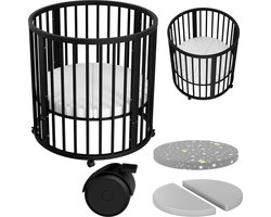 Flowsense Baby Box – Ronde Speelbox - Grondbox - Kinderbox - Playpen – Met Matras – Verstelbare Hoogtes – Wielen - Zwart