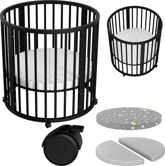 Flowsense Baby Box – Ronde Speelbox - Grondbox - Kinderbox - Playpen – Met Matras – Verstelbare Hoogtes – Wielen - Zwart