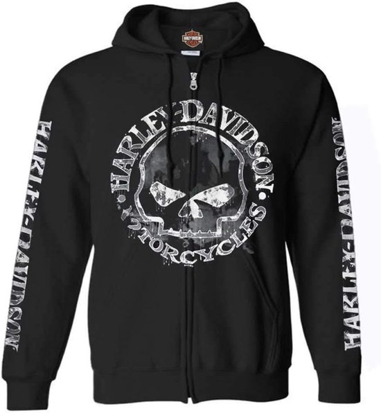 Zwarte Harley-Davidson zip-up hoodie met witte schedelgraphic op de borst en merknaam op beide mouwen.