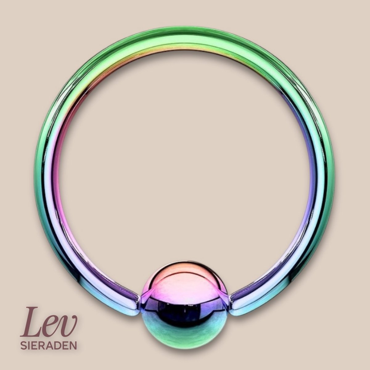 Lev Sieraden - Titanium ball closure ring - 1.6 x 16 mm - Rainbow Piercing ring - Tepel piercing