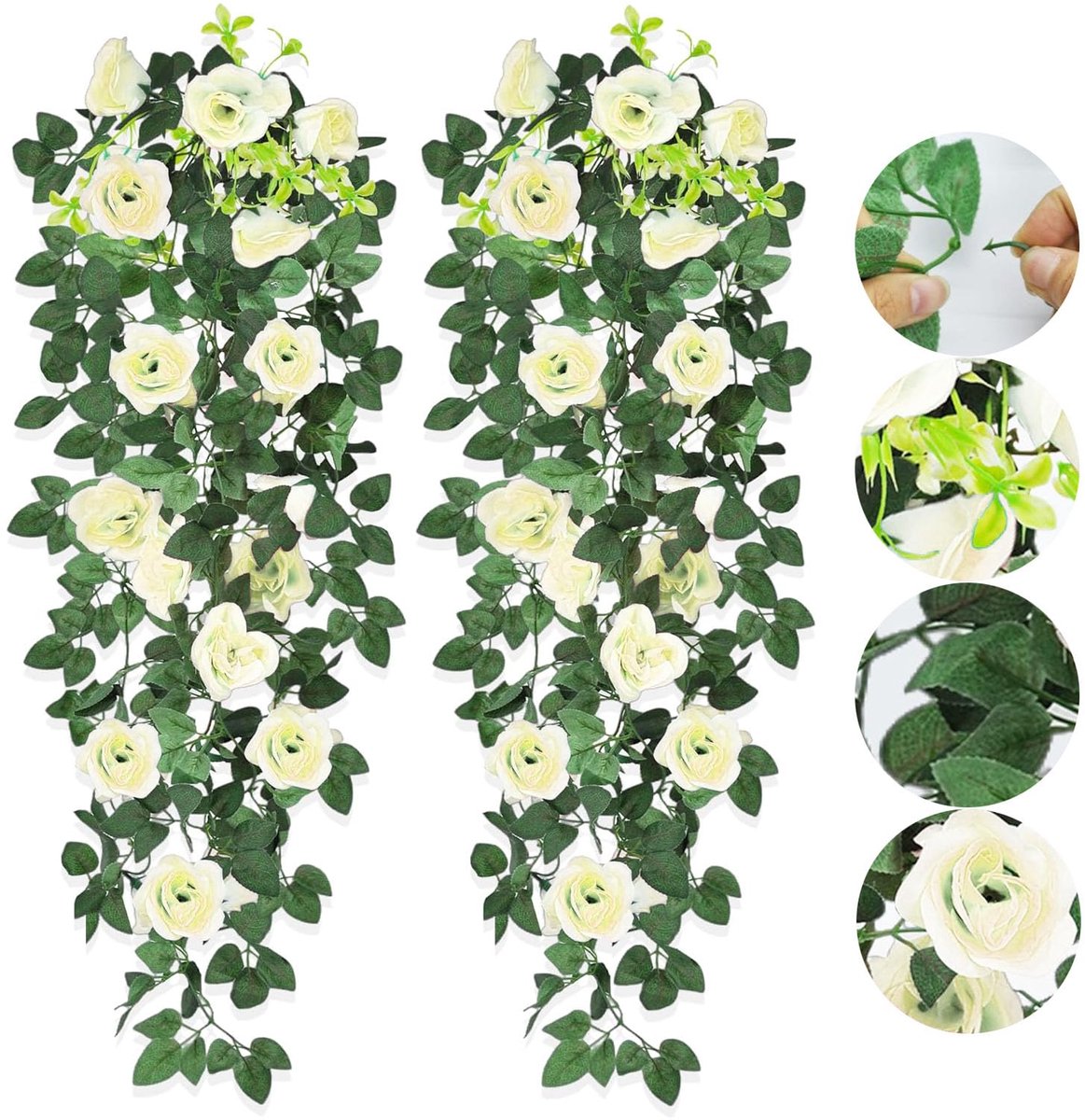 Unyqoos Set van twee decoratieve kunsthangplanten met levensechte witte rozen