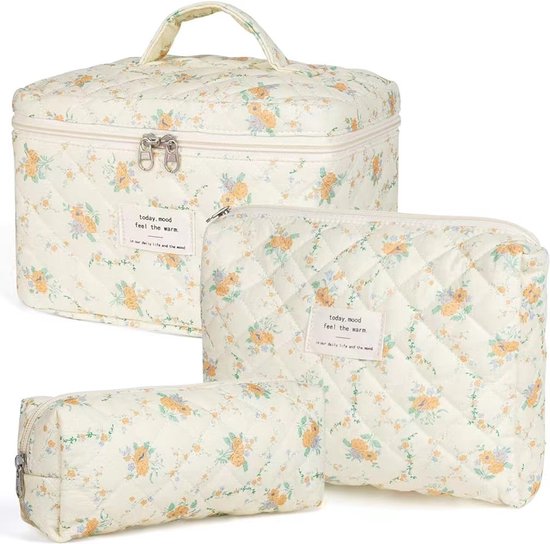 Set van 3 Coquette Make-up Tasjes Gewatteerd Bloemen Katoen – Grote Capaciteit Esthetische Cosmetische Tas & Toilettas voor Vrouwen – Reistas Organizer met Ritssluiting - Gele oranje bloesem