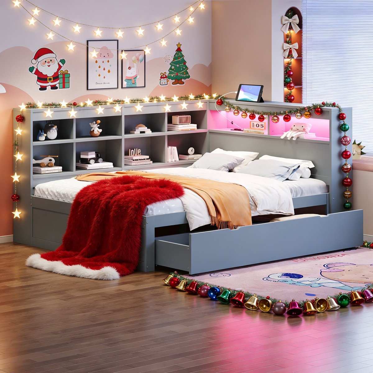 MODFU Massief houten slaapbank 140x200 cm — veel opbergruimte, USB-poort en kleurwisselende LED, grijs