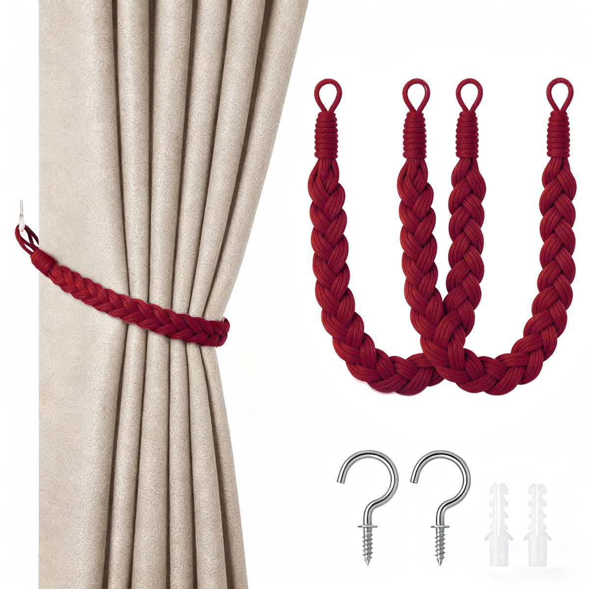 2-pack gordijnbanden - 60cm gordijnkoordgesp - handgeweven gordijnbanden - gedraaide gordijnbanden - met haken - geschikt voor thuis, kantoor, woonkamer, slaapkamer