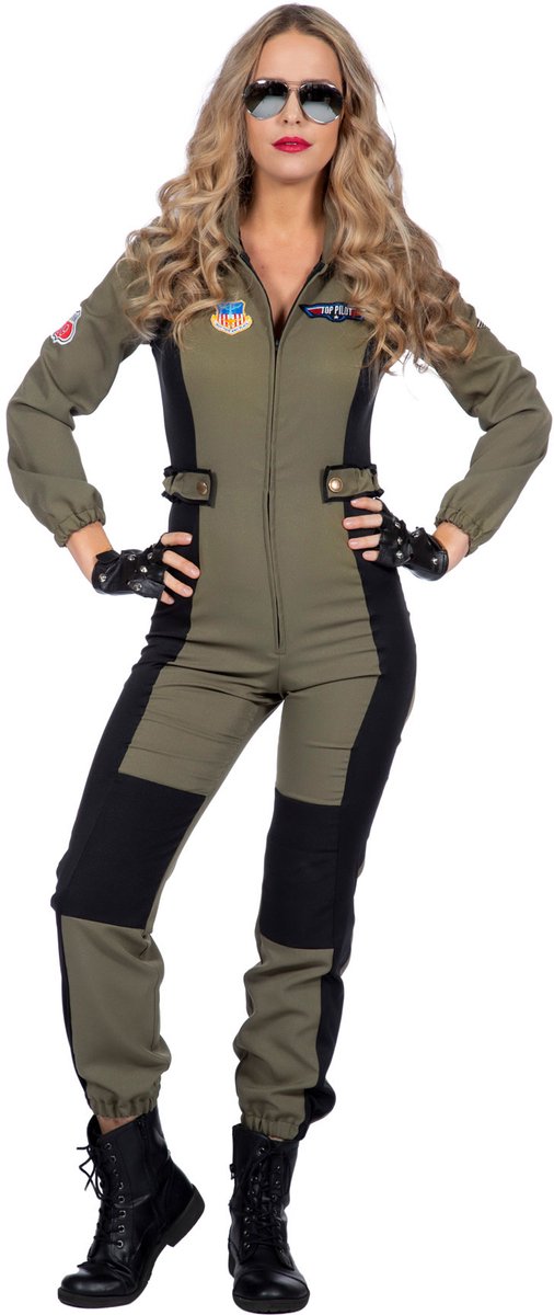 Wilbers & Wilbers - Piloot & Luchtvaart Kostuum - Maverick Top Piloot F35 Straaljager - Vrouw - Groen - Maat 42 - Carnavalskleding - Verkleedkleding