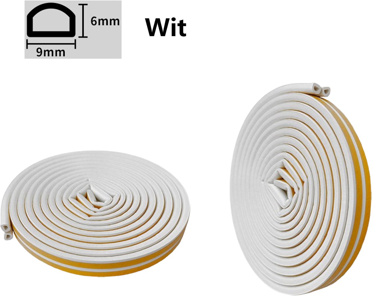 2 rollen tochtstrips - Zelfklevend raam - Totaal 12 m - D-vorm - EPDM afdichtingstape - Wit - 9 x 6 mm - Raamafdichting - Tochtstrip - Waterdicht - Geluidsisolatie