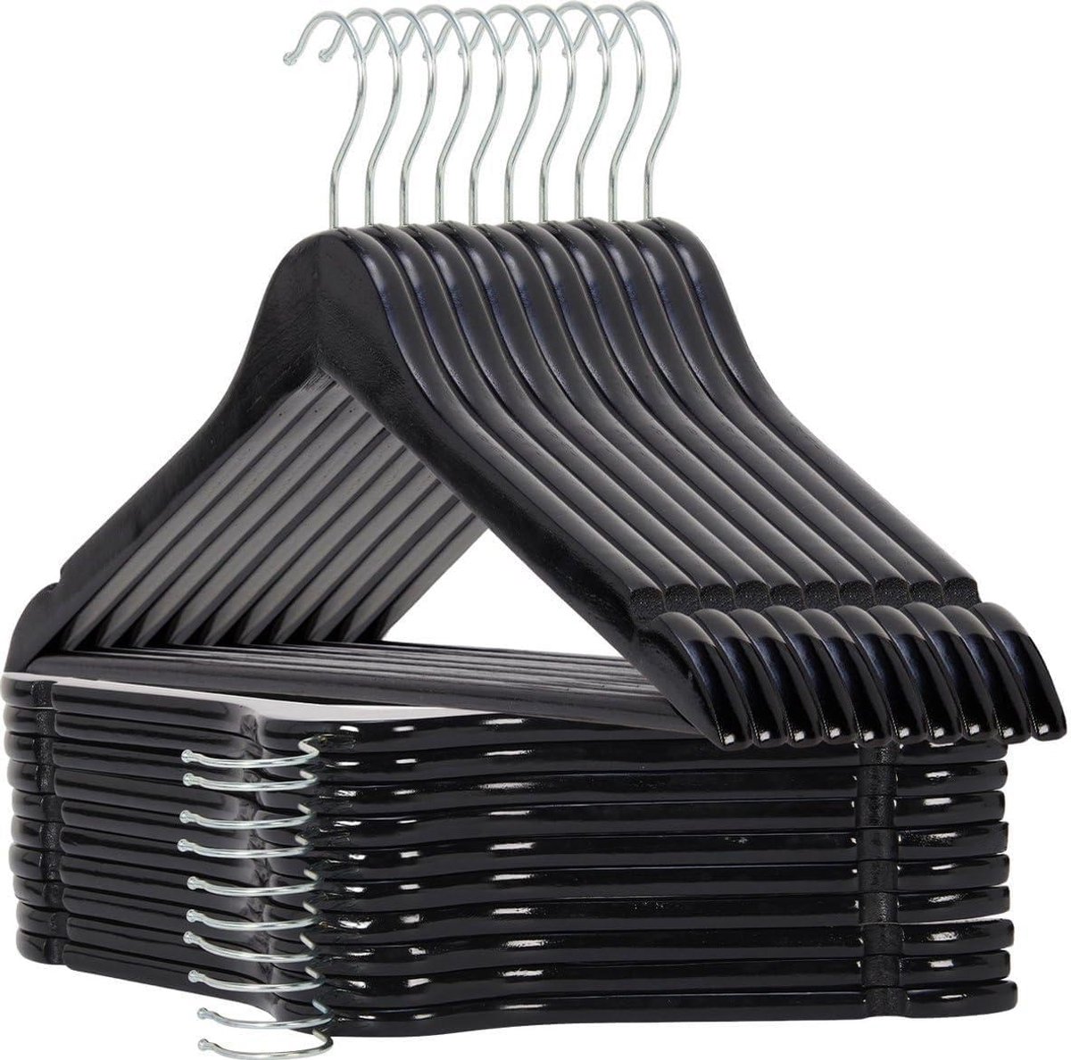 Famanu - Set van 30 houten kledinghangers met inkepingen en broeklat, metalen haak, geschikt voor volwassenen – Zwart