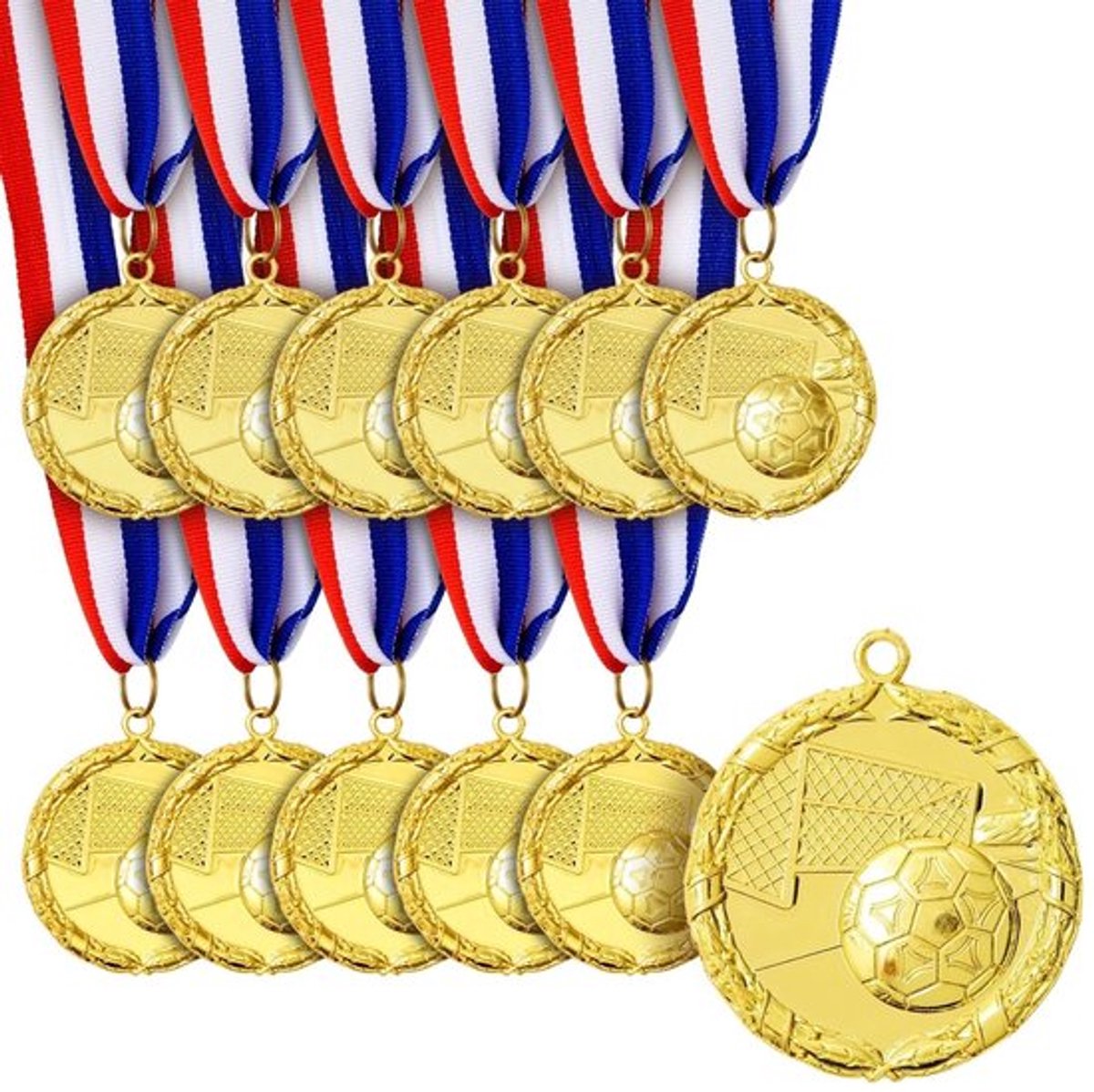 Gouden Voetbalmedailles - 12-Pack - Metalen TrofeeÃ«n - Rood, Wit en Blauw Lint