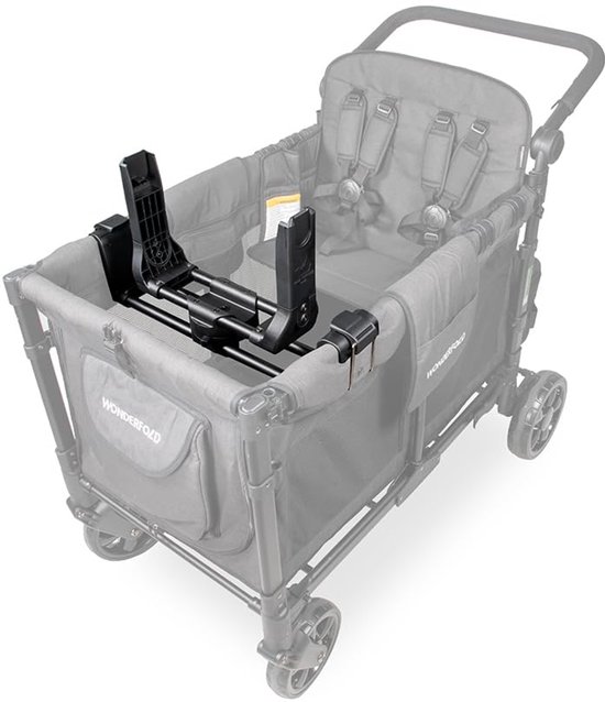 Zwarte autostoeladapter in een grijze kinderwagen.