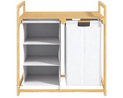 Wasmand, 4-vaks wasopslagdoos, met 2 uittrekbare en afneembare waszakken, met opbergrek, wasmand met handgrepen, geschikt voor slaapkamer, woonkamer, toilet, 70 x 36 x 70 cm, houtkleur, bamboe