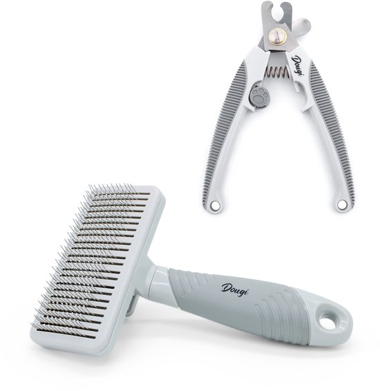 Een grijze slickerborstel met ontwarringsfunctie en een grijze nagelknipper met handvatten met textuur.