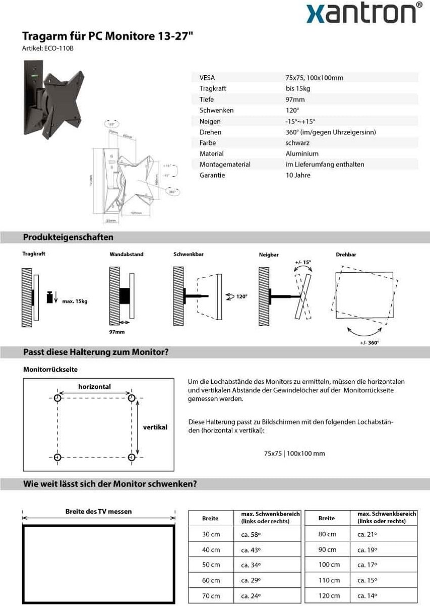 13-27 Inch Rotatiebare Muurbeugel voor Flatscreen - Tilt, Swivel, VESA 75-100