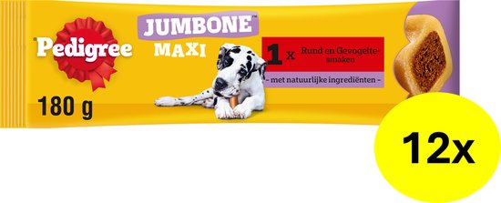Gele Pedigree Jumbone Maxi verpakking, 180g, met rund en gevogelte smaak. Een gele cirkel toont '12x'.