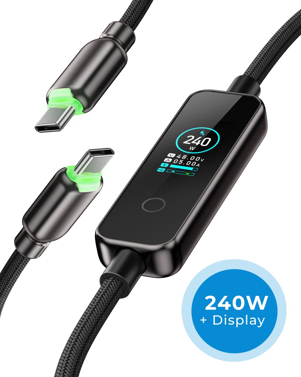 Voomy 240W USB-C kabel met Digitale LED display - 240W snelladen - 480Mbps data overdracht - 1.2M - Zwart