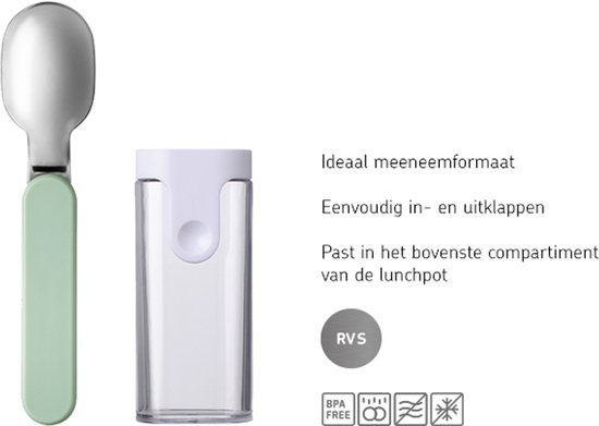 Cuillère pliable avec manche vert pastel et support transparent, avec le texte "Taille idéale à emporter".