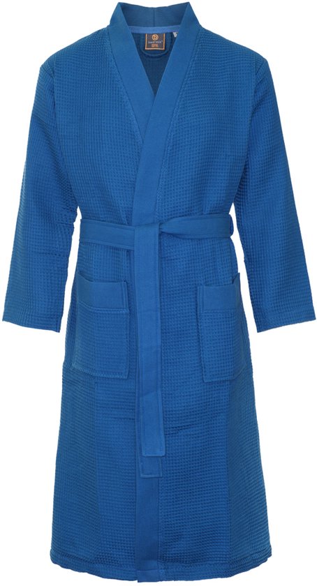 Sauna badjas wafel - biologisch katoen - kobalt XL - unisex badjas - wafel badjas katoen - kimono - wafel badjas dames - wafel badjas heren