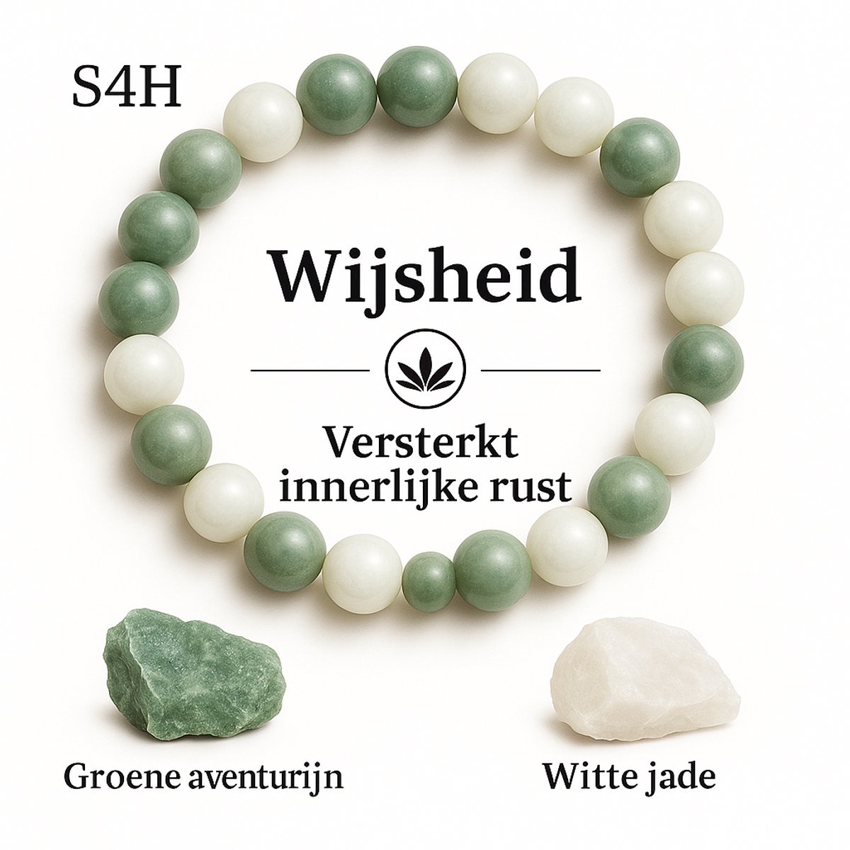 S4H Edelstenen Armband Groene Aventurijn & Witte Jade – 8 mm Kralen – 18 cm – Natuursteen Armband – Unisex – Handgemaakt