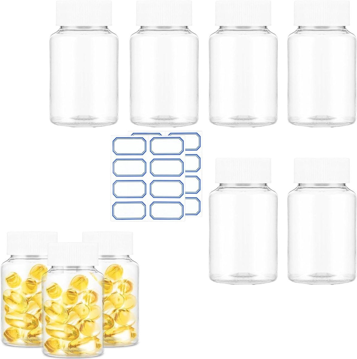 Ronte - Pillenflesjes Set van 6 - Transparant - Medicijnflesjes Kunststof - Sluitingen - Dispensers - Vloeibare, Vaste, Poedervormige Medicijnen - 80 ml