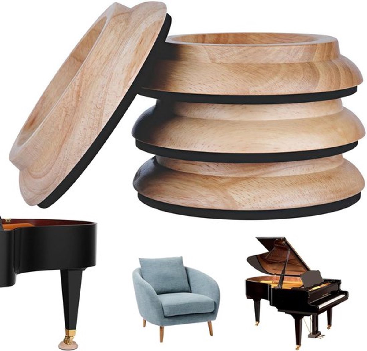 Set van 4 houten pianoonderzetters Ø 10 cm - antislip meubelbeschermers voor piano, meubels en banken