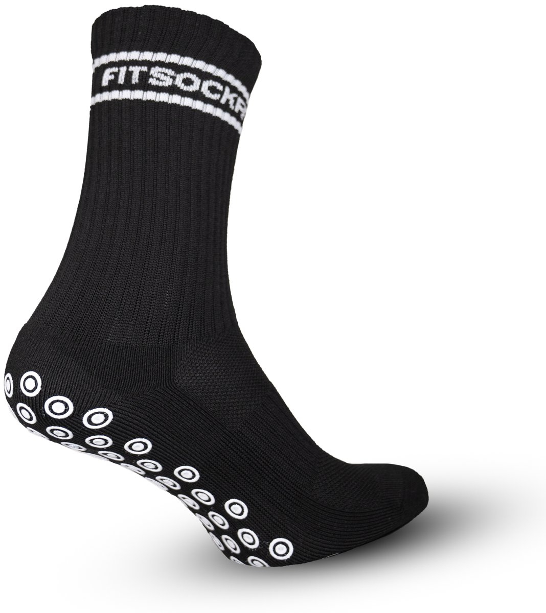Zwarte FitSockr gripsokken voor voetbal met antislip, maat 44-48, voorzien van witte strepen en gripnoppen onderaan.