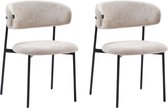 Set van twee taupe chenille eetkamerstoelen met zwart metalen frame en Colenis label.