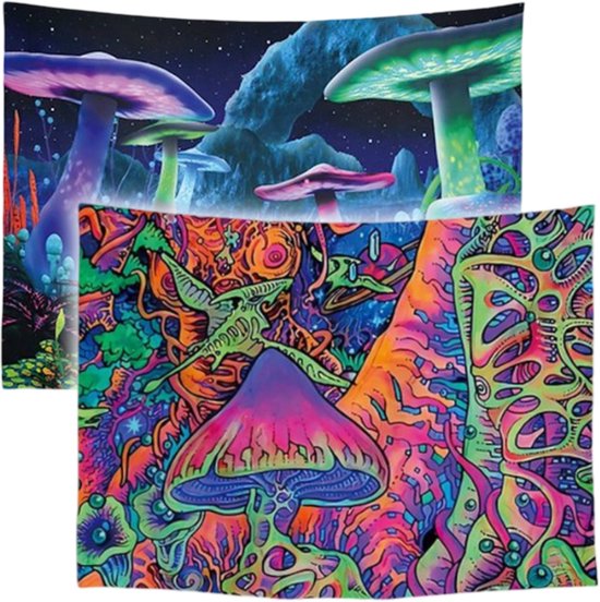 Ulticool - Tapisserie - Champignon Champignon Psychédélique Trippie Champignon Magique Cannabis Weed - Set de 2 Motifs - 73 cm x 95 cm - Tissu Tapisserie Peinture - Poster Art - Blauw Fluo Zwart