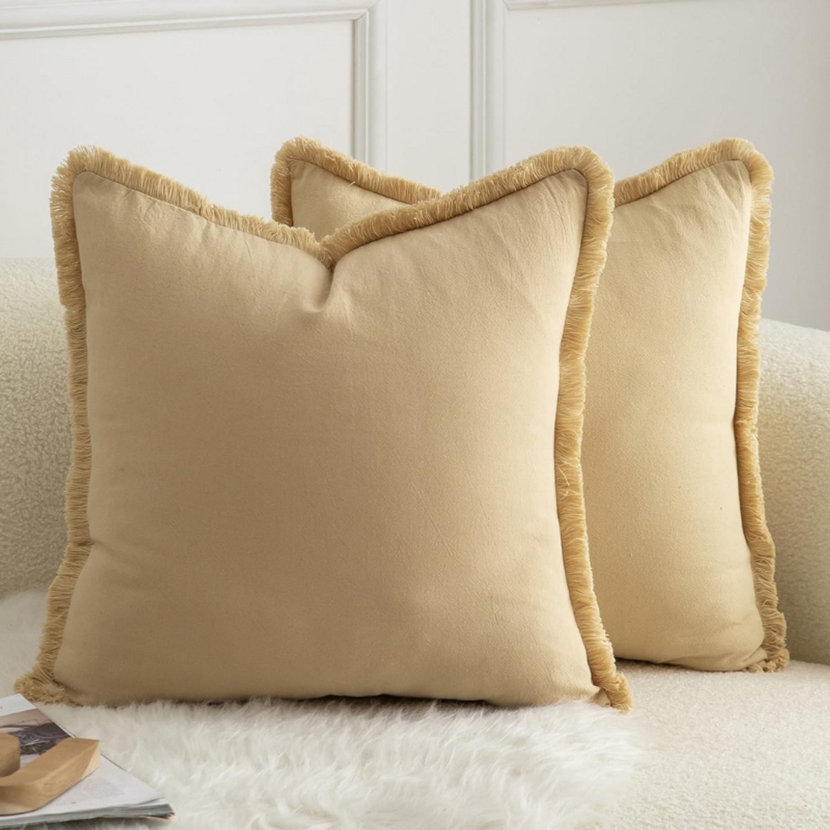 BOG Set Van 2 Neutrale Katoenen Sierkussenhoezen - Franjes En Kwastjes - Boho Farmhouse Stijl - Gezellig Kussen Voor Bank Slaapkamer Woonkamer - 45 X 45 Cm BRUIN
