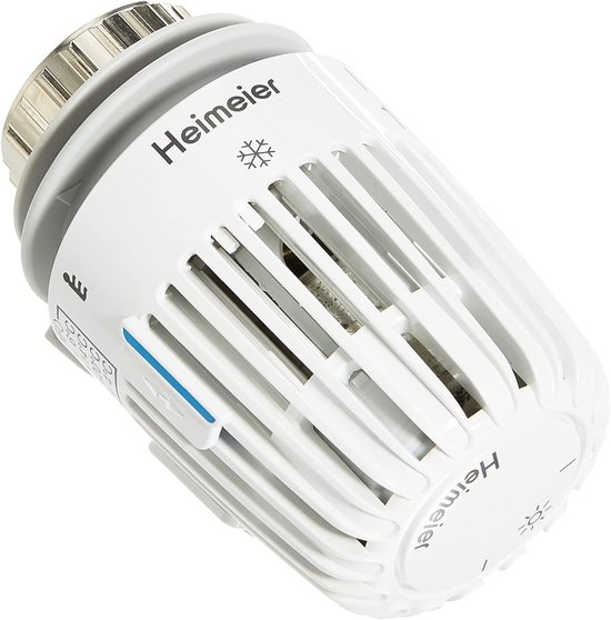 Witte Heimeier thermostaatknop met een grijs accent en een vorstsymbool. De knop heeft ribbels en een blauwe indicator.