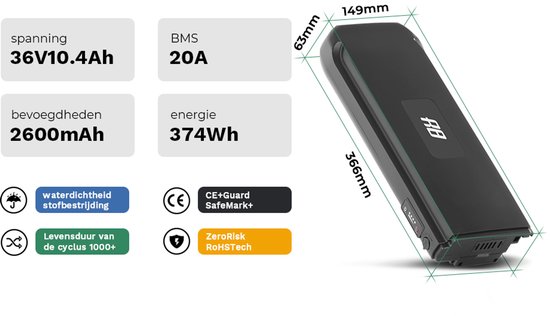 Zwarte fietsbatterij, 36V 10.4Ah, 374Wh, BMS 20A, waterdicht, stofdicht, levensduur 1000+ cycli, met afmetingen 366x63x149mm.