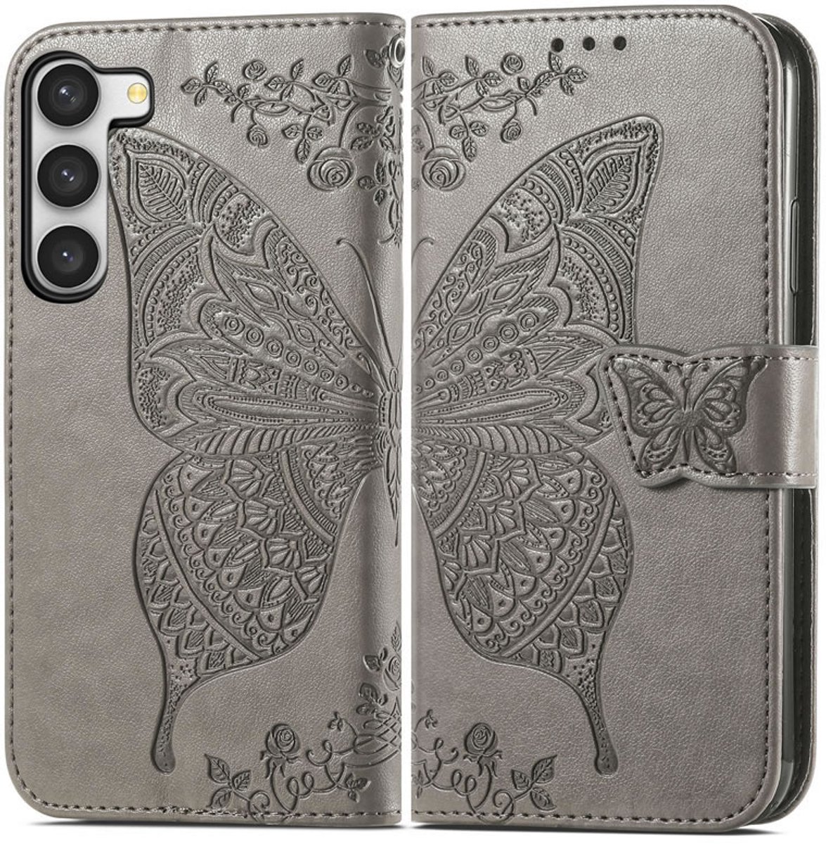 YPCd Bookcase geschikt voor Samsung Galaxy S23 - Vlinder Design - Portemonnee / Wallet Hoesje - Grijs