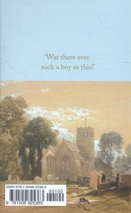 Achterkant van een boek met een schilderij van een kerk, bomen en een kerkhof. Text: 'Was there ever such a boy as this!' ISBN 978-1-5098-2536-3.