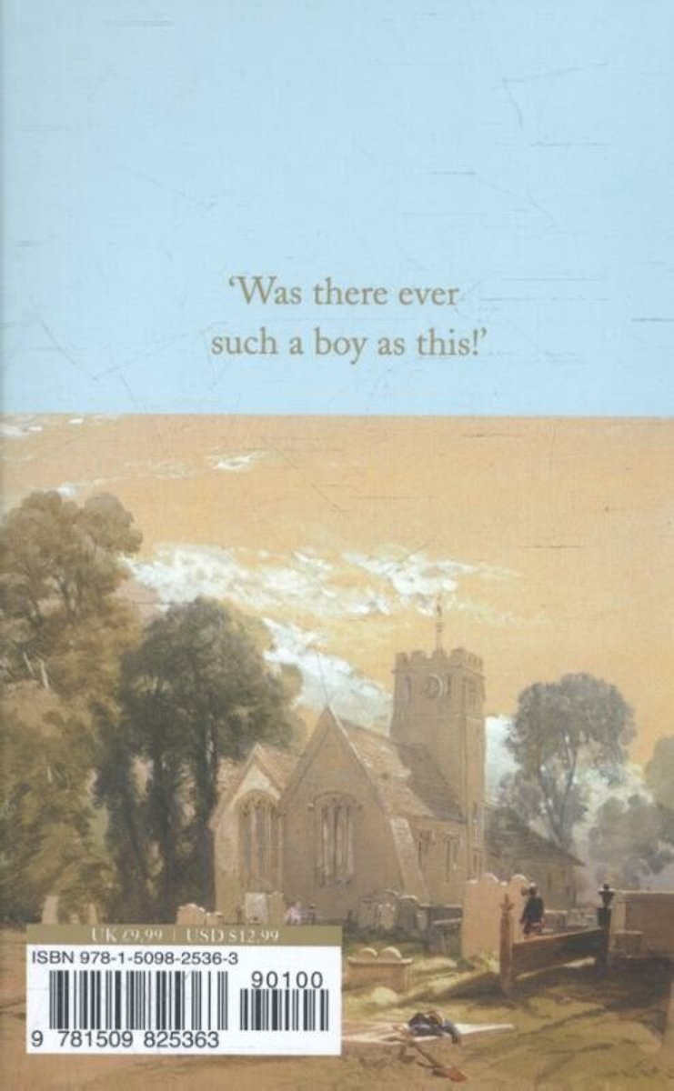 Achterkant van een boek met een schilderij van een kerk, bomen en een kerkhof. Text: 'Was there ever such a boy as this!' ISBN 978-1-5098-2536-3.