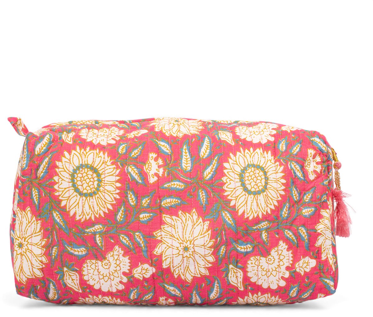 Bambooya toilettas - Bohemian - Ibiza Style - Made in India - Tassel - warm roze met gele bloemen - Medium ( 21 x 17 x 9 cm)