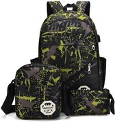 3-delige Rugzak Set - Camouflage Groen - Schooltas - Rugzak Kind - Back to School - Rugtas & Schoudertas & Etui