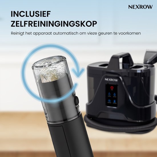NEXROW vlekkenreiniger met zelfreinigende opzetstuk. Reinigt het apparaat om vieze geuren te voorkomen.