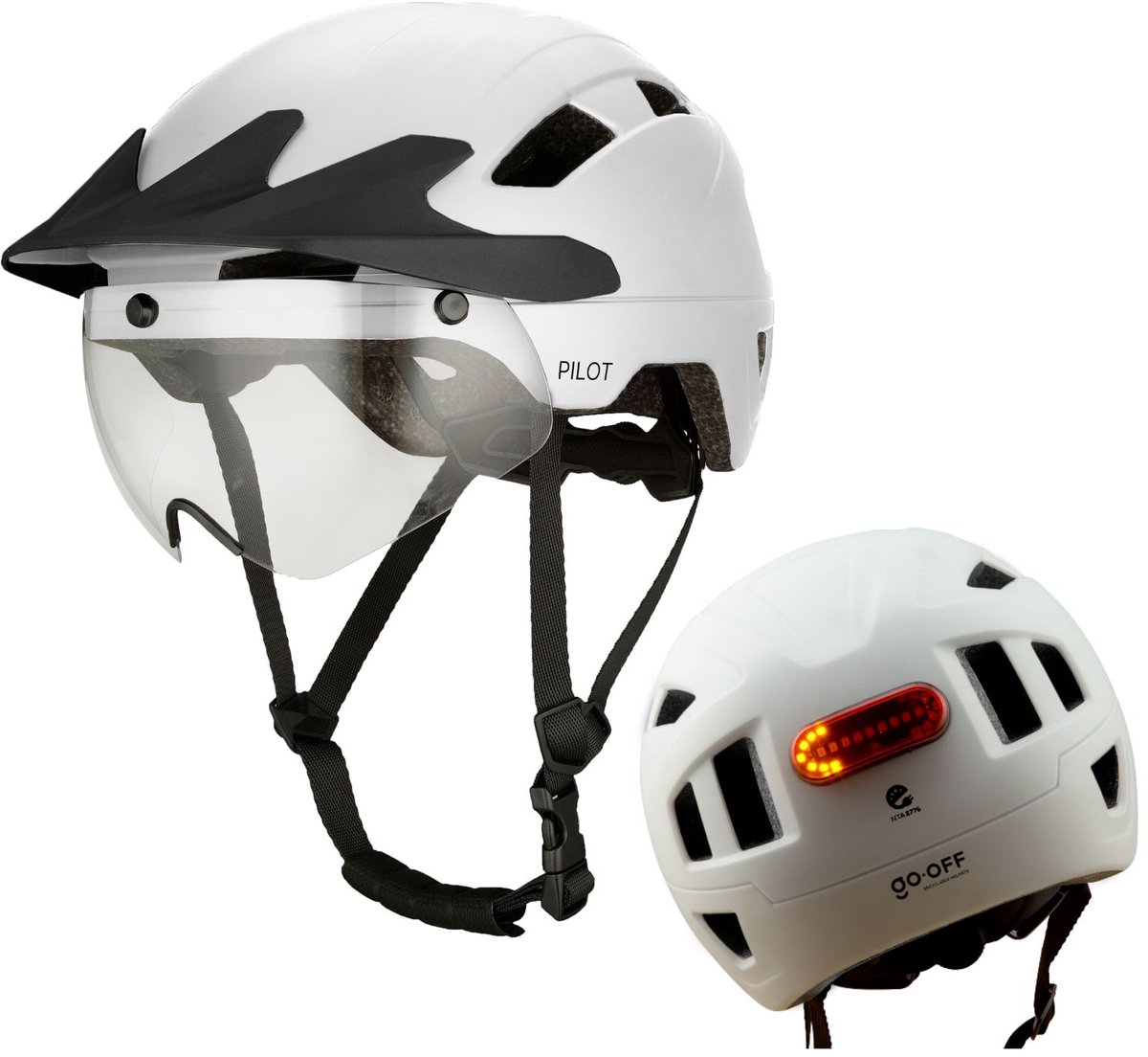 GOOFF® PILOT 4 in 1 speed pedelec helm met afneembaar vizier en regencap - transparant vizier - lichtgewicht snorfiets helm - NTA gecertificeerd speedpedelec helm - maat L wit - voor vrouwen en mannen