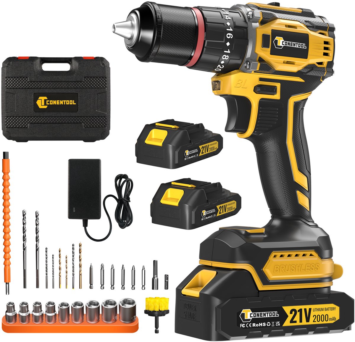 CONENTOOL Accuboormachine 21V - Accuschroevendraaierset 3-in-1 Borstelloze Elektrische Schroevendraaierset - Incl. 2 accu's en lader