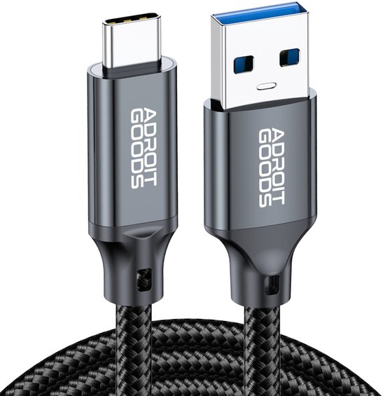 Câble tressé noir avec connecteurs USB-C et USB-A.