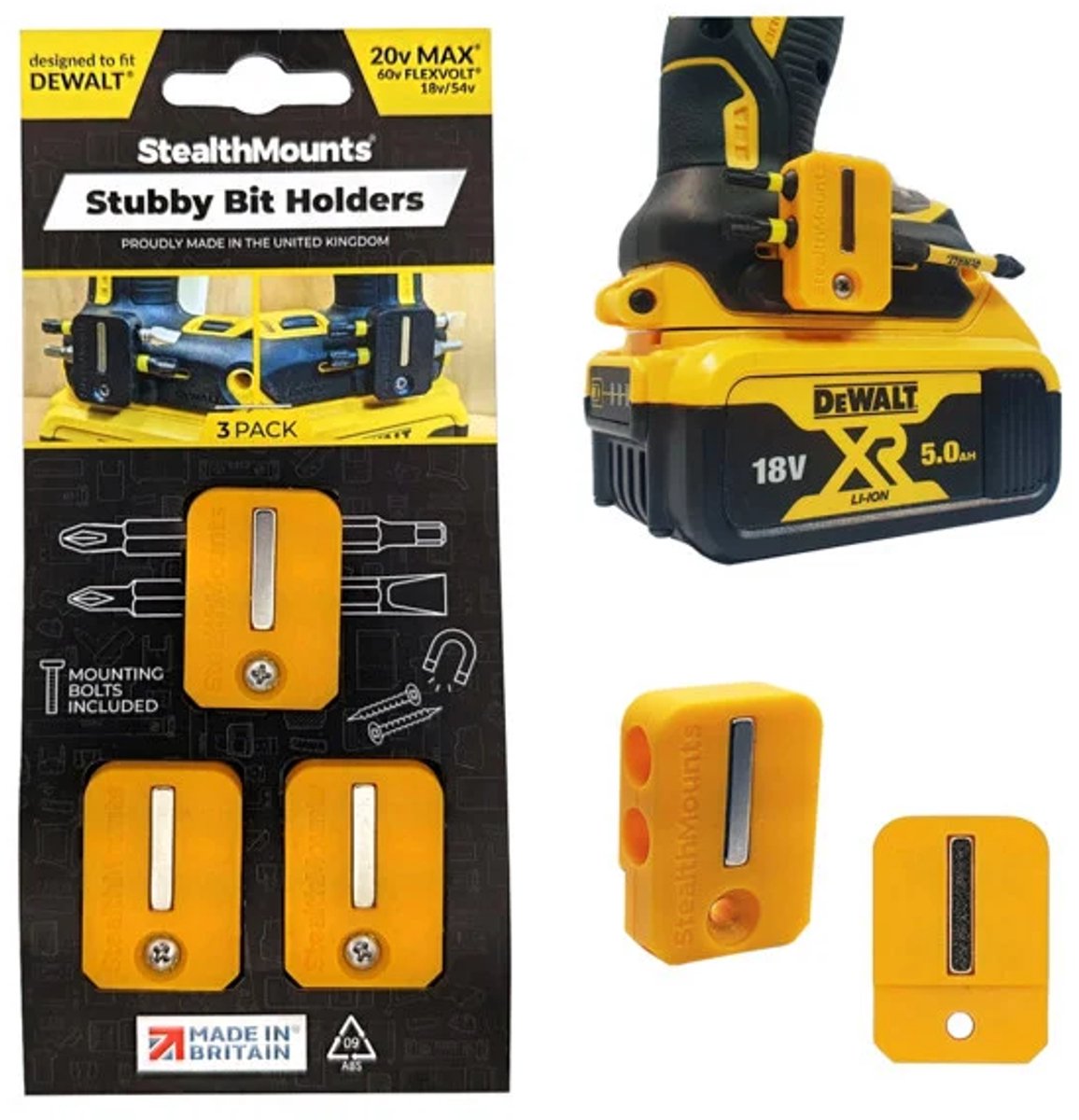 StealthMounts BH-DW-S-YLW Stubby Magnetische Bithouder Voor Dewalt - Geel - 3-pack