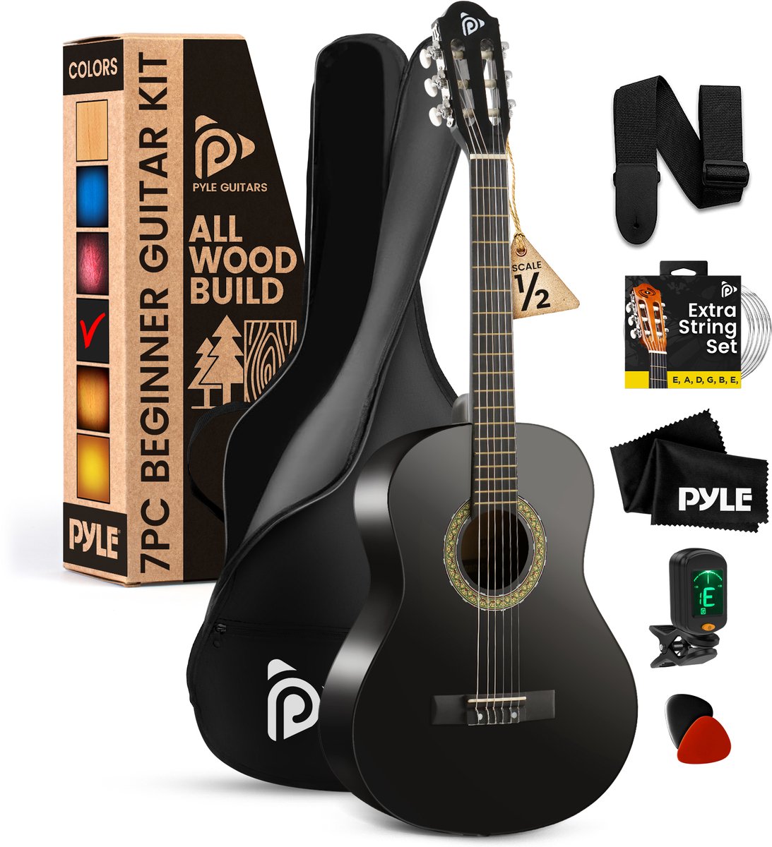 Pyle Akoestische Gitaarset 1/2 Junior Maat, Beginnersset Compleet Accessoirepakket-Zwart