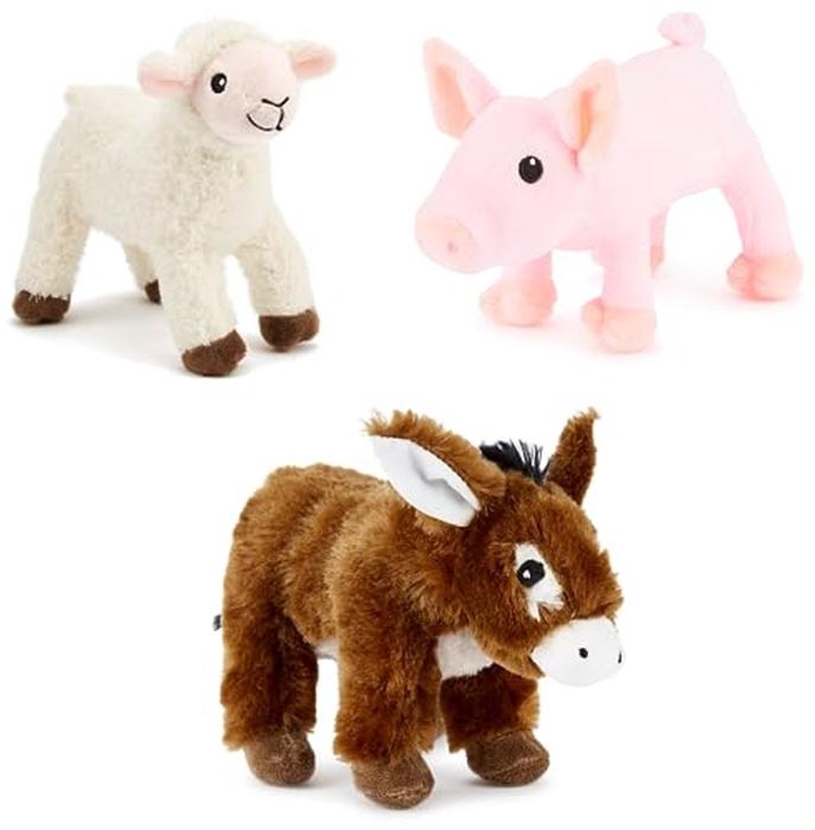 Set van 3 Speelgoed Boerderij Pluche Knuffels voor Kinderen - Donkey, Lam en Varkentje (12-15 cm)